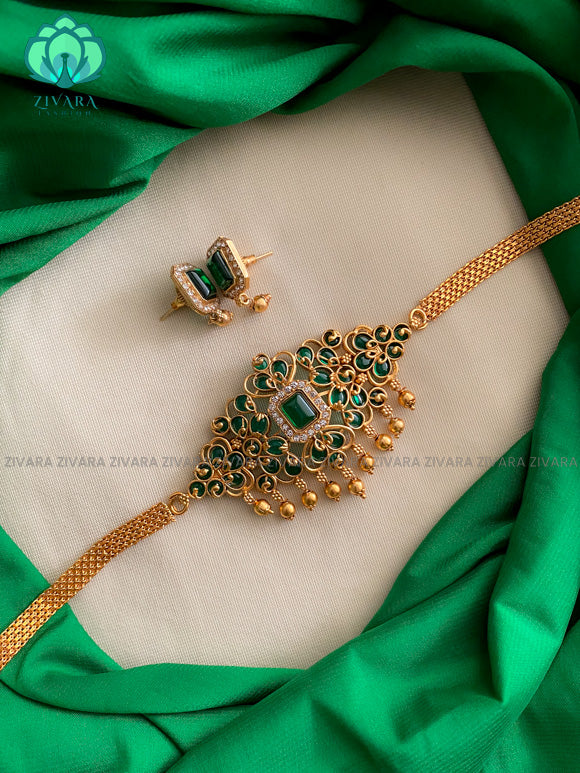 Cute matte finish simple choker with earrings-latest south indian jewellery-GREEN