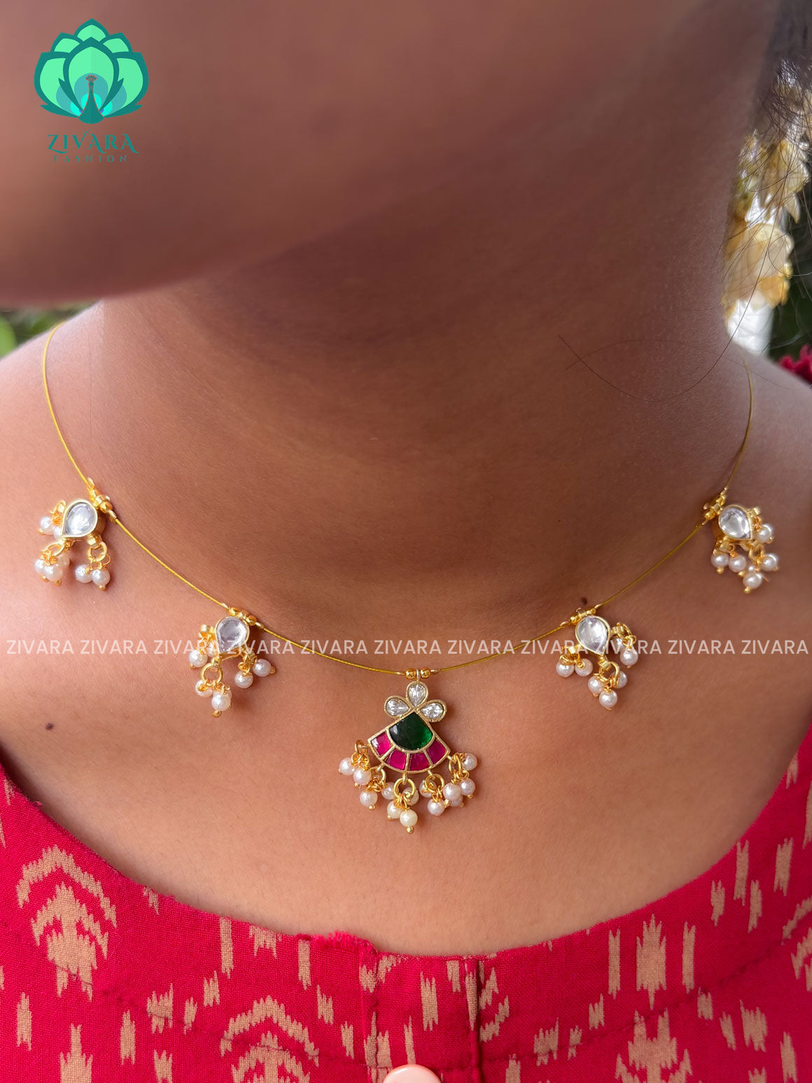 FROCK  jadau  TAMARA INVISIBLE MINIMAL ELEGANT HANDMADE NECKLACE WITH BRILLIANT FINISH MOTIFS- ZIVARA FASHION