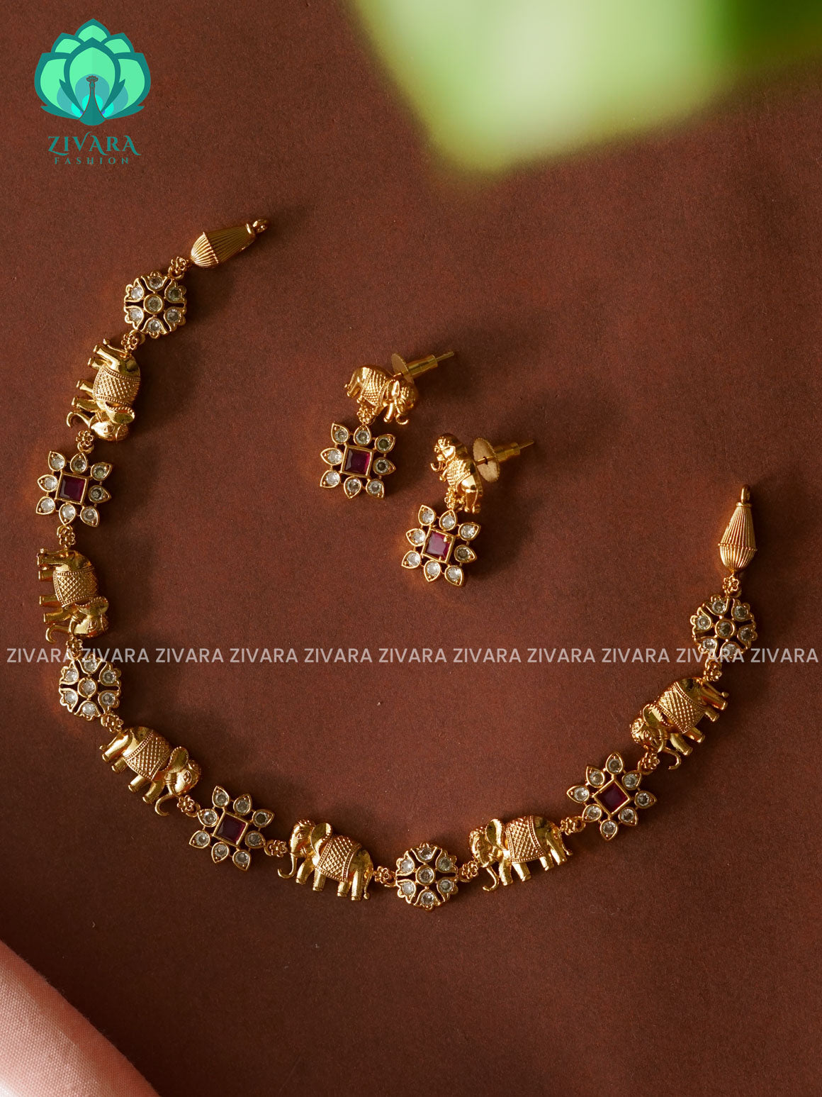 RUBY -SMALL SIZE KIDS FRIENDLY ELEPHANT NECK WEAR WITh EARRINGS   - Premium quality CZ Matte collection-south indian jewellery