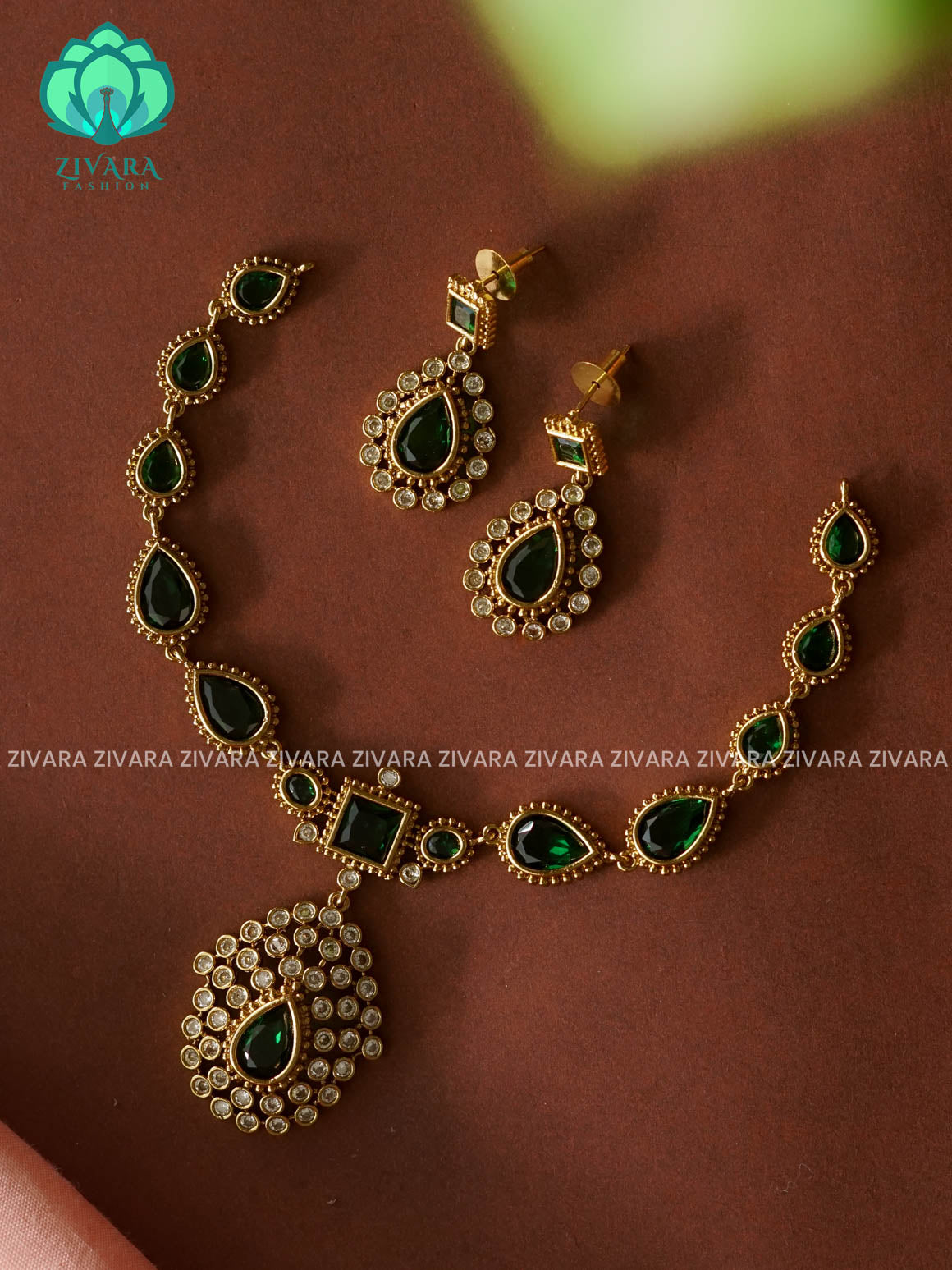 JYOTHIKA INSPIRED GREEN TEAR  - stylish and minimal elegant neckwear with earrings- Zivara Fashion