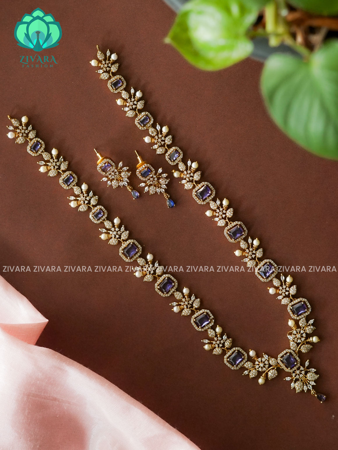 PURPLE ELEGANT  - Traditional PREMIUM MATTE polish MIDCHEST haaram/neckwear with earrings- Zivara Fashion