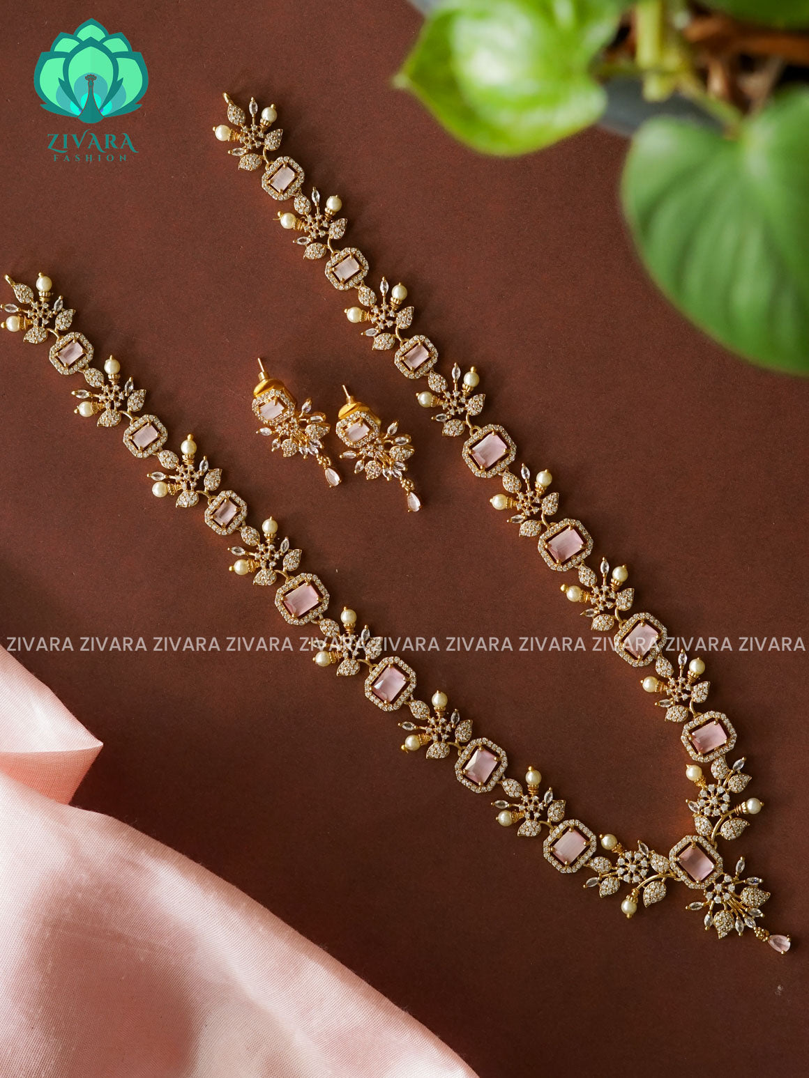 PASTEL PINK  ELEGANT  - Traditional PREMIUM MATTE polish MIDCHEST haaram/neckwear with earrings- Zivara Fashion