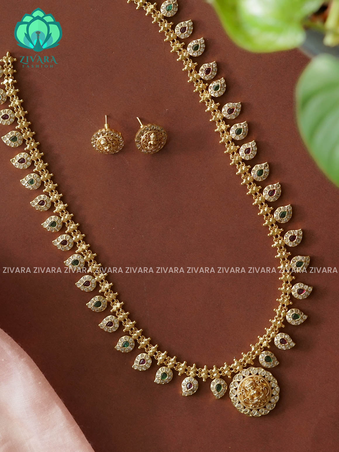 MANGO TEMPLE ELEGANT  - Traditional PREMIUM MATTE polish MIDCHEST haaram/neckwear with earrings- Zivara Fashion