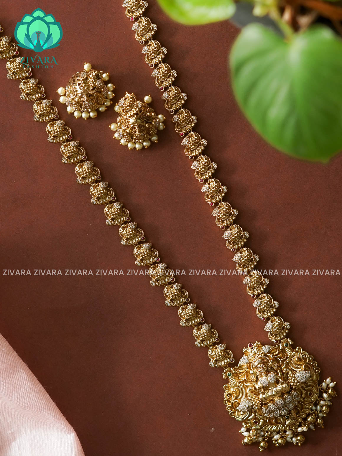 TEMPLE LONG CHAIN  - Traditional PREMIUM MATTE polish MIDCHEST haaram/neckwear with earrings- Zivara Fashion