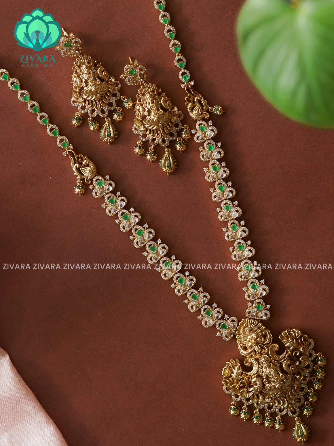GREEN STONE TEMPLE ELEGANT  - Traditional PREMIUM MATTE polish MIDCHEST haaram/neckwear with earrings- Zivara Fashion