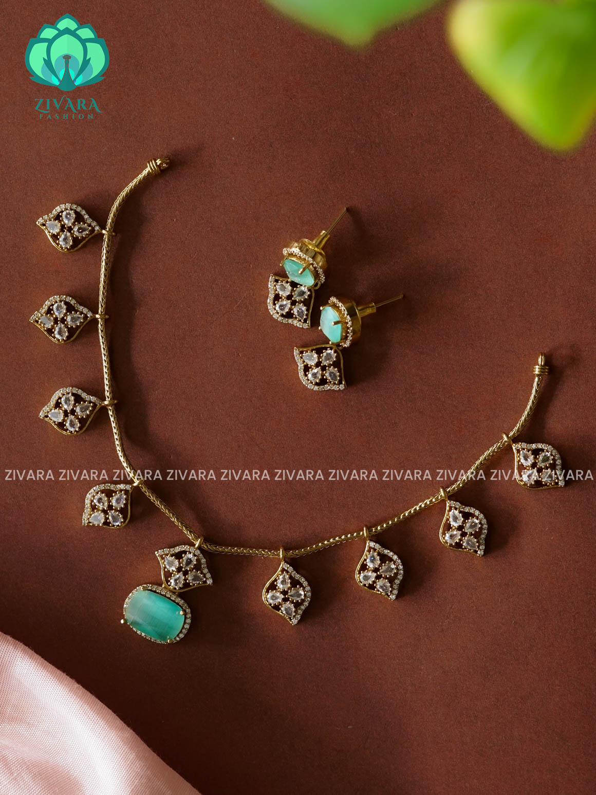 PASTEL GREEN HANGING DIAMOND - SUBTLE stylish and minimal elegant neckwear with earrings- Zivara Fashion