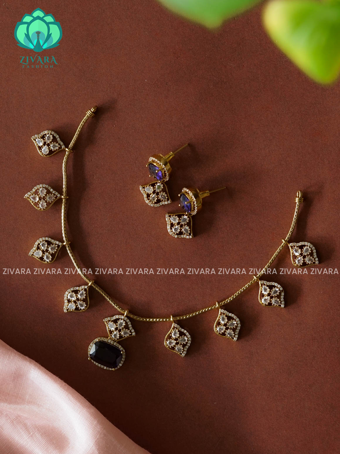 VIOLET HANGING DIAMOND - SUBTLE stylish and minimal elegant neckwear with earrings- Zivara Fashion