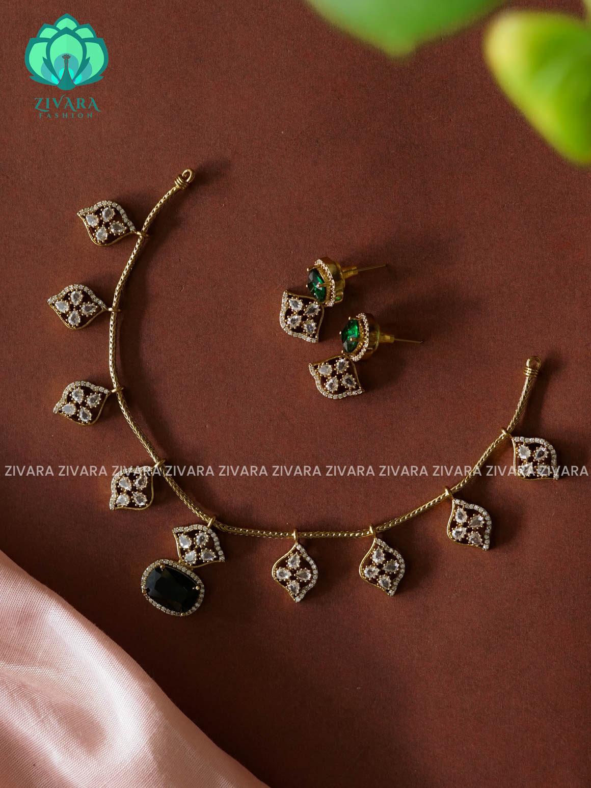 GREEN  HANGING DIAMOND - SUBTLE stylish and minimal elegant neckwear with earrings- Zivara Fashion
